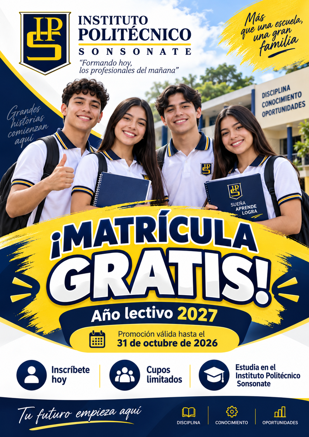 Afiche: ¡Matrícula gratis! Año lectivo 2027, promoción válida hasta el 31 de octubre de 2026